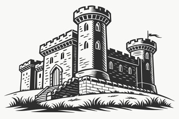 Obraz premium Majestic Stone Fortress: An illustrative scene of a strong castle on a small hill under a bright sky, inviting you to explore the history of this impressive construction.