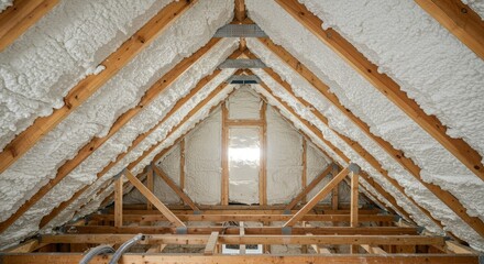 Attic Insulation Spray Foam Installation - Newly installed spray foam insulation in an attic. Effective energy efficiency solution
