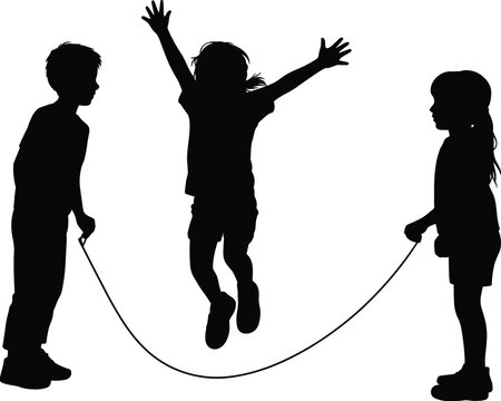 Silhouette of children playing jump rope, group kids activity, childhood fun, outdoor playtime, skipping rope game, teamwork, active kids, energetic play, fun exercise