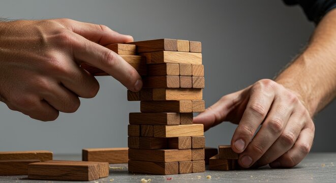 Building a Successful Strategy with Blocks - Hands carefully building a tower of wooden blocks, symbolizing strategic planning and problem-solving