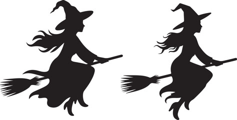 Two silhouette witches flying on brooms against a white background