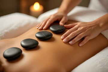 Hands placing hot stones on person's back near candle