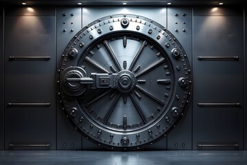 Massive circular vault door with metal spokes and locking mechanism
