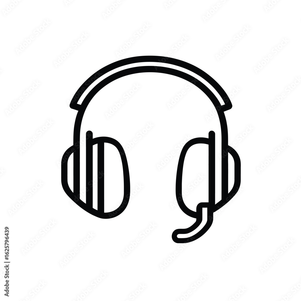 Poster headset with microphone, simple black outline design on transparent background