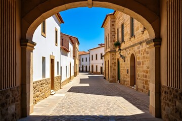Sunlit cobblestone street framed by stone archway narrow street