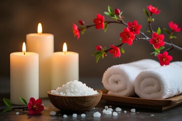 Three lit white pillar candles with spa items image