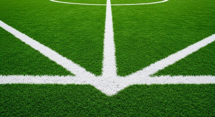 Fototapeta premium Corner Kick Artificial Turf Field - Close-up view of a corner kick area on an artificial turf soccer field, showing the white lines on green grass