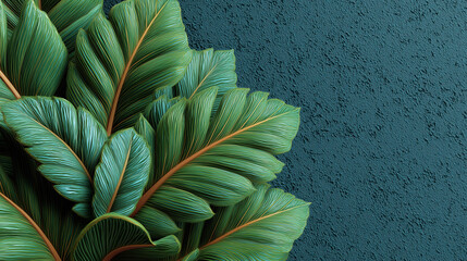 A close up of large green leaves against a textured wall,  Generative Ai 