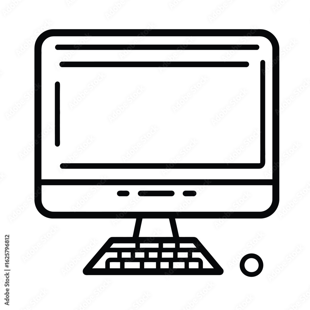 Poster icon black outline of a desktop computer with a mouse and keyboard
