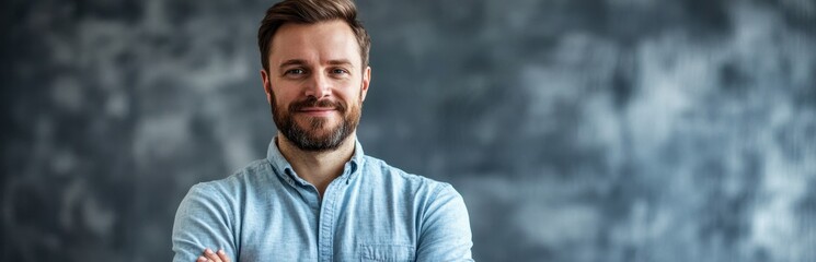 Fototapeta premium A confident young man with a beard stands against a textured gray background, showcasing a relaxed style. His friendly expression conveys approachability and professionalism.