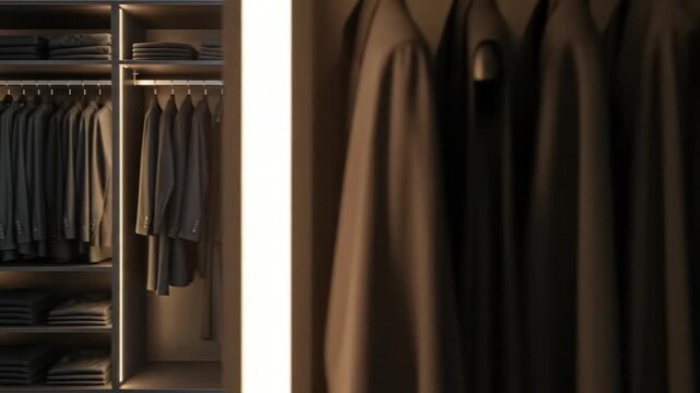 Brown clothing hanging in a closet with shelves and rods