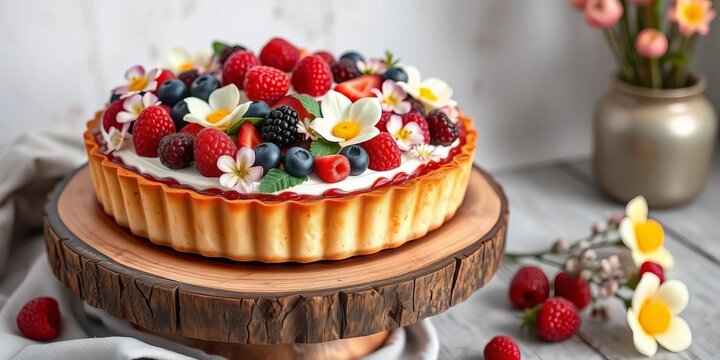 Elegant fruit tart with berries & edible flowers on rustic wooden cake stand,  special occasion,  party - Powered by Adobe
