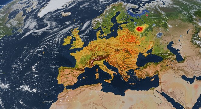 European Continent Topographic Map - Detailed topographic map of Europe, showcasing its diverse terrain and geographical features. Ideal for educational or geographical purposes