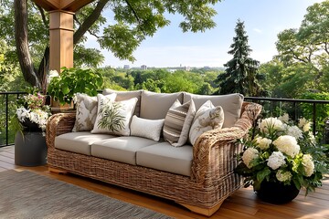 Cozy deck with rattan furniture high resolution picture.