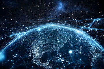 digital earth grid floating in space, formed by lines and data points, no human presence 
