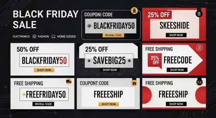 The image displays various Black Friday sale coupons with different discount offers and codes on a black background AI Generated