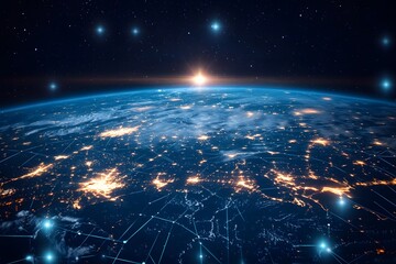 digital earth grid floating in space, formed by lines and data points, no human presence 
