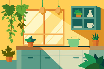 Plant Filled Kitchen With Vines And Bright Mornin