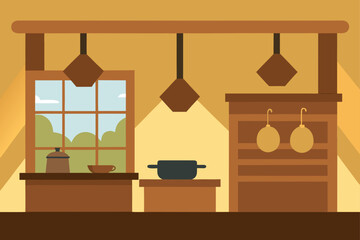 Rustic Wooden Kitchen With Hanging Pots And Morni