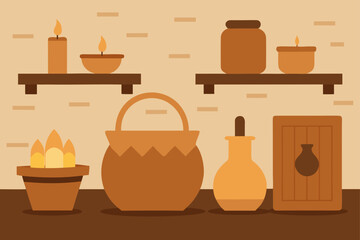 Rustic Kitchen With Clay Pots Woven Baskets And Shelves