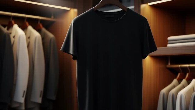 Black t-shirt on a hanger in a modern closet with suits and folded clothes
