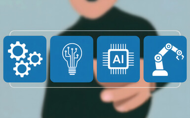 Explore advanced automation with AI icons and robotic arm, unlocking innovative solutions and driving efficiency in modern manufacturing and technology
