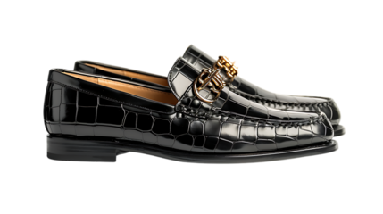 Elegant black leather loafer shoe with a crocodile pattern, a stylish and comfortable footwear choice for a trendy and modern look isolated on transparent background