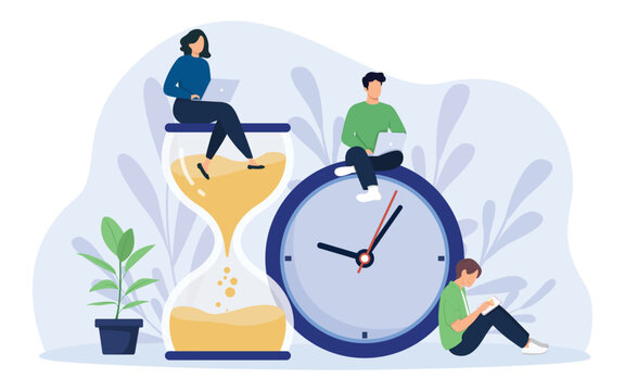 Time management and business planning concept. Tiny people work near huge hourglass and alarm clock. Team working together with laptops. Time is money. Vector illustration.