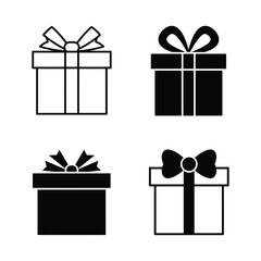 Four simple line art and silhouette icons of gift boxes with ribbons and bows on a white background