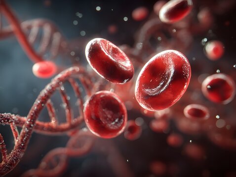 Red blood cells and DNA strands flow in a microscopic environment.