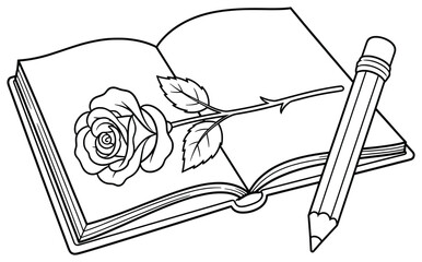 Rose on Open Book with Pencil – Black and White Line Art Illustration for Coloring Pages, Journals, and Creative Stationery Designs