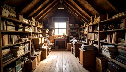 Sunlit Attic Room with Bookshelves.