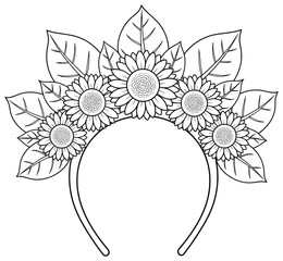 Sunflower Flower Crown Headband Line Art – Detailed Botanical Design for Coloring Pages, Crafts, Festivals, and Floral Illustrations