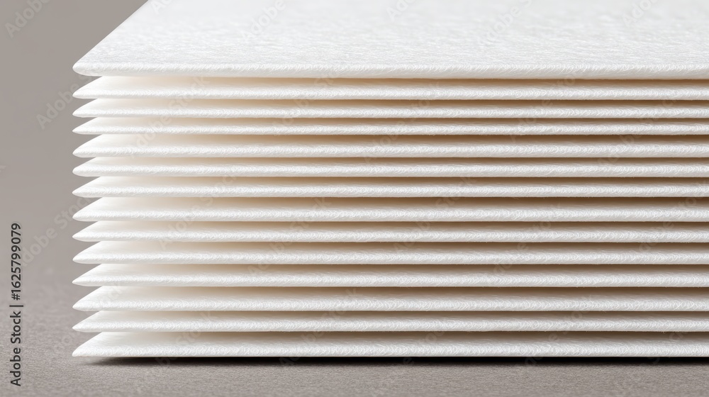 Poster air filter technology and innovation concept, stack of textured sheets arranged neatly in layers.
