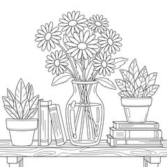 Daisy Flowers in Glass Vase on Bookshelf with Potted Plants and Books – Cozy Botanical Line Art for Coloring Pages and Home Decor Illustrations