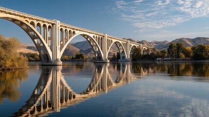 Obraz premium Majestic Stone Bridge Arching Over Calm River with Mountain Backdrop and Clear Sky
