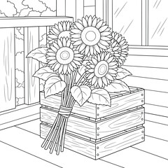 Rustic Bouquet of Sunflowers on Wooden Crate – Hand-Drawn Line Art for Farmhouse Decor and Adult Coloring Books