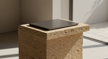 Modern Tablet on Stone Block - Sleek dark gray tablet rests on a light beige stone pedestal, bathed in soft sunlight. Minimalist tech and design aesthetic