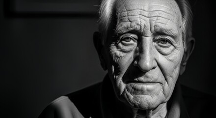 Black and white portrait of an elderly man with a serious expression, deep wrinkles, and a contemplative gaze. AI Generated