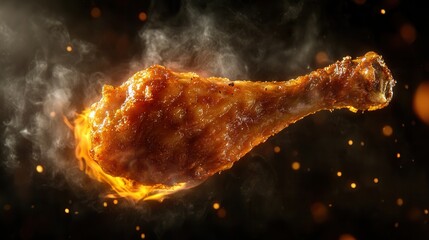 Fototapeta premium fried chicken leg fresh out of the fryer, golden and crispy, designed for food advertising with space for text, dark blur background