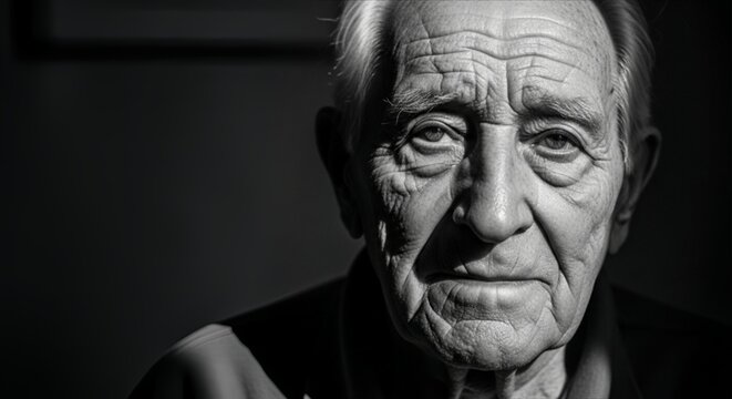 Black and white portrait of an elderly man with a serious expression, deep wrinkles, and a contemplative gaze. AI Generated