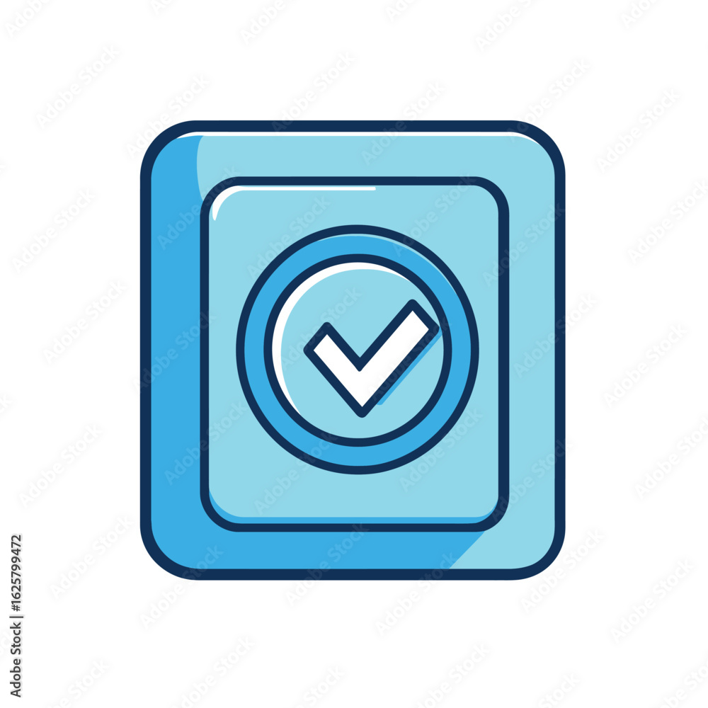Poster light blue icon with check mark inside a rounded blue square shape