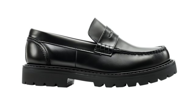 Chunky black leather loafers isolated on transparent background, a stylish and modern footwear choice for men, perfect for adding a touch of sophistication