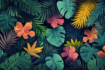 Naklejka premium Explore a vibrant illustration of lush tropical leaves in various colors, ideal for backgrounds, decor, and designs that evoke nature's beauty and serenity.