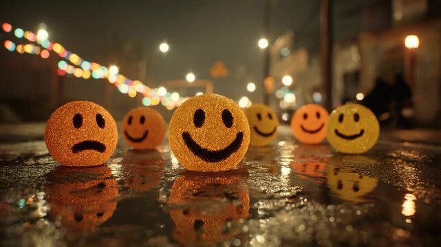 Smiling and frowning emoji spheres on a wet city street at night, with colorful lights overhead. Reflections in the water
