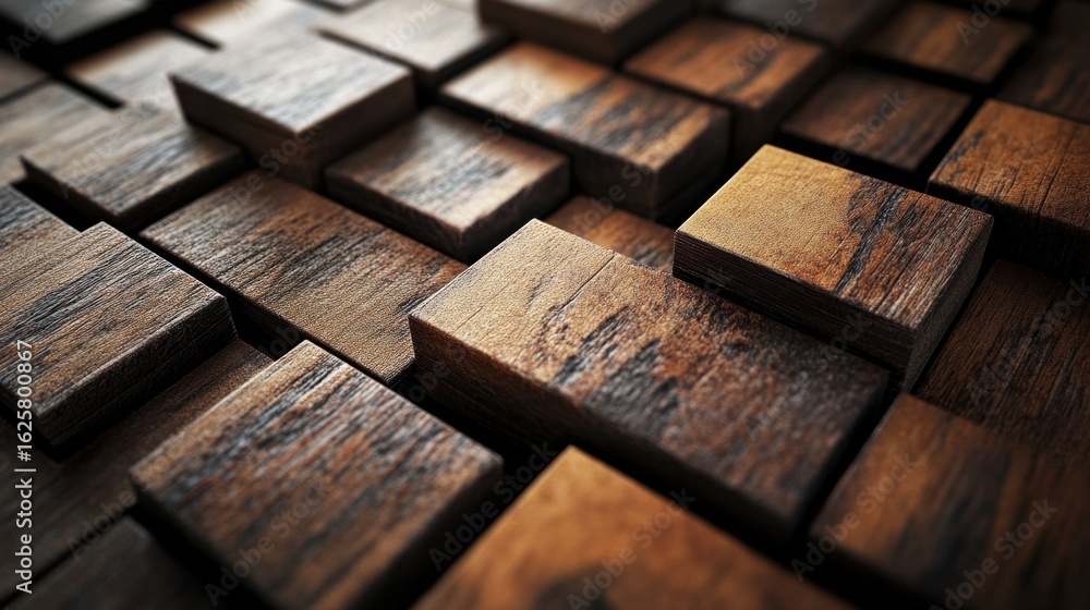 Poster close-up view of assorted wooden blocks with varied textures creating an elegant surface design. emp