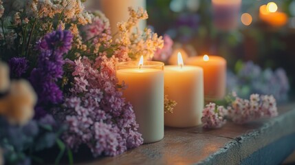 Flowers and candles together create a springtime feel.
