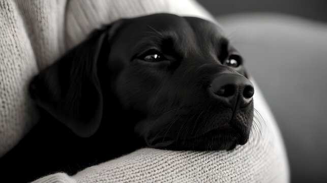 A peaceful and loyal black Labrador retriever dog resting comfortably on a soft gray couch with a calm and attentive expression