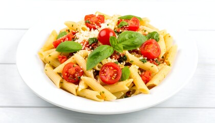 Penne Pasta Salad with Cherry Tomatoes, Basil, and Feta on White Plate