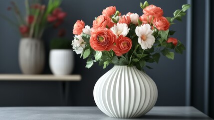 Flowers in a white vase are placed on a gray surface.
